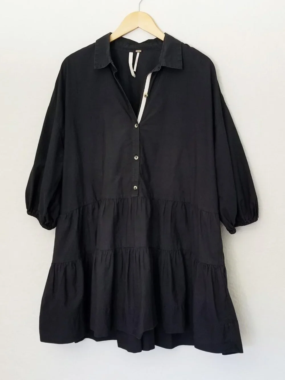 Free People Black Misha Mini Dress Size M Poplin 100% Cotton Tiered Babydoll